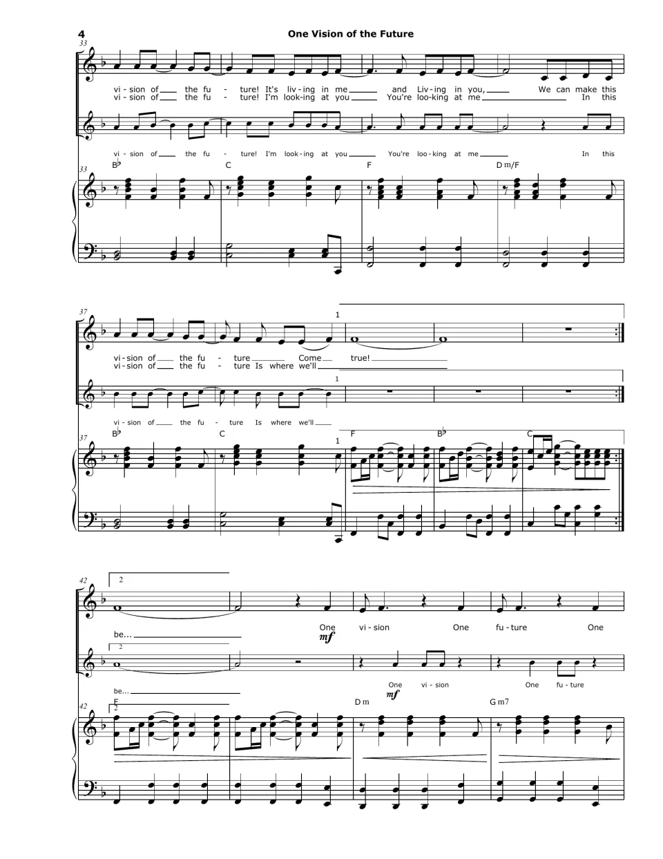 Score bars 33-45: chorus vision of the future, first and second endings, then the One vision, One future section