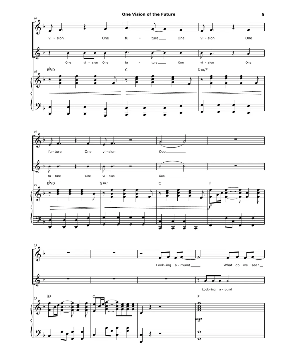 Score bars 46-56: One vision, One future echoes, an Ooo, a piano interlude and the return of Looking around