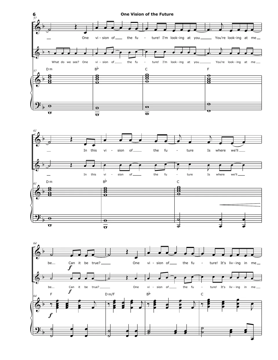 Score bars 57-67: final chorus over held piano chords, In this vision of the future, then forte Can it be true?