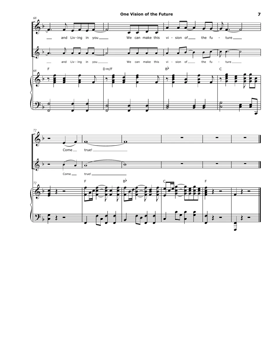 Score final page, bars 68-77: Living in you, We can make this vision come true, with a closing piano postlude