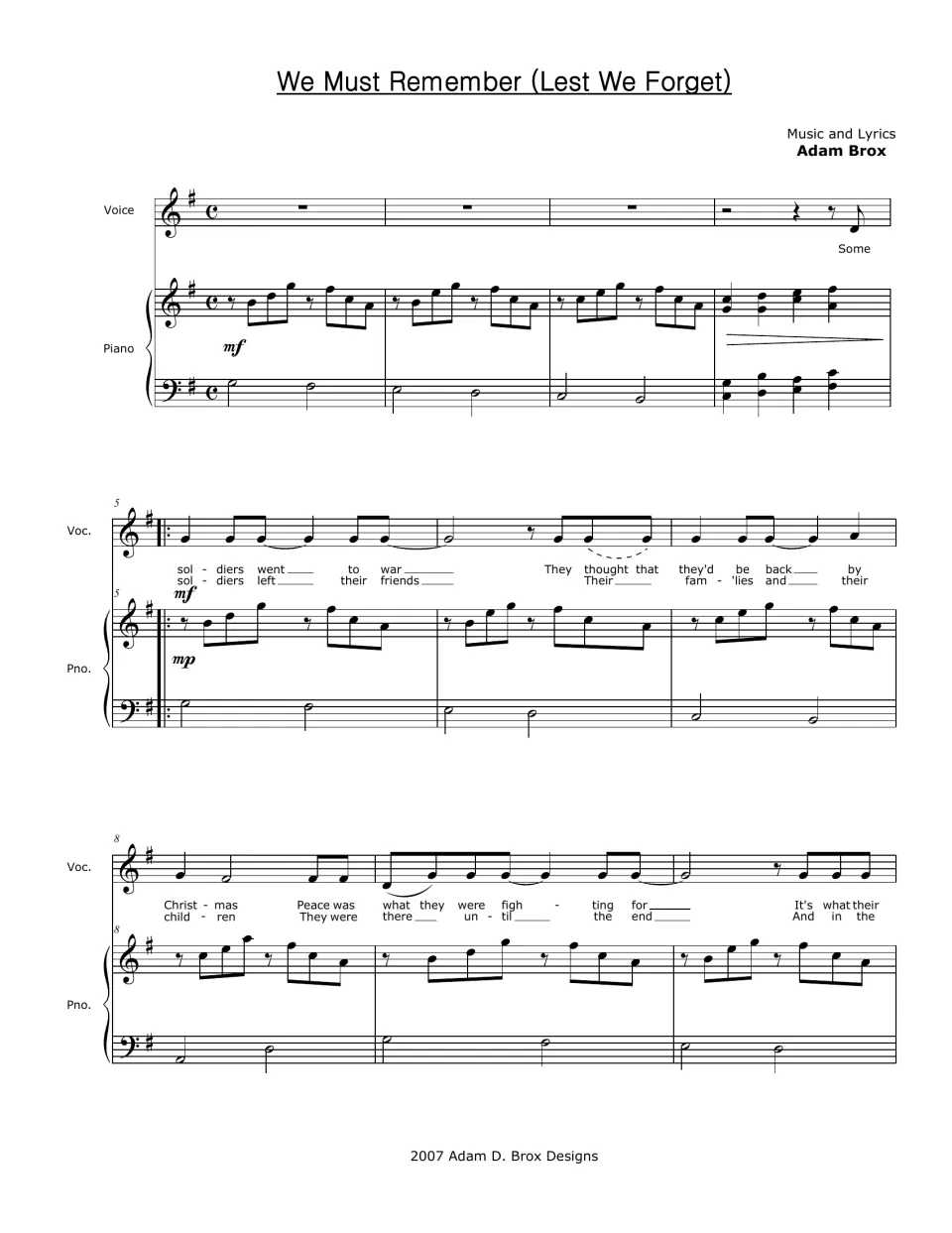 Piano-vocal score, bars 1-10 in G: piano intro, then two verse lyric lines about soldiers who went to war