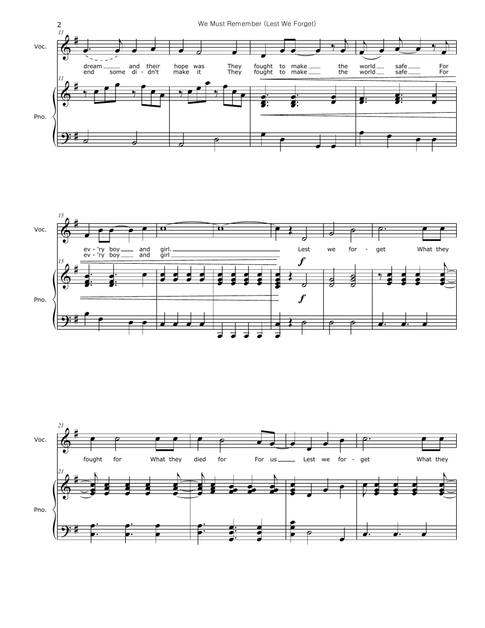 Score bars 11-24: verse ends 'For ev'ry boy and girl', then the forte chorus 'Lest we forget what they fought for'
