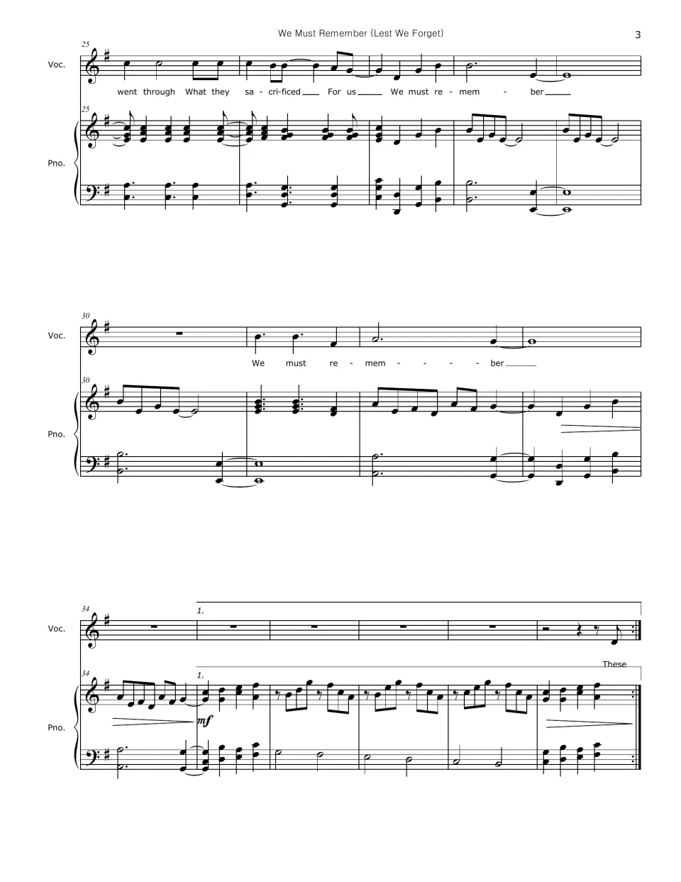 Score bars 25-39: chorus closes on 'We must remember', then a first-ending piano interlude repeats back to the verse