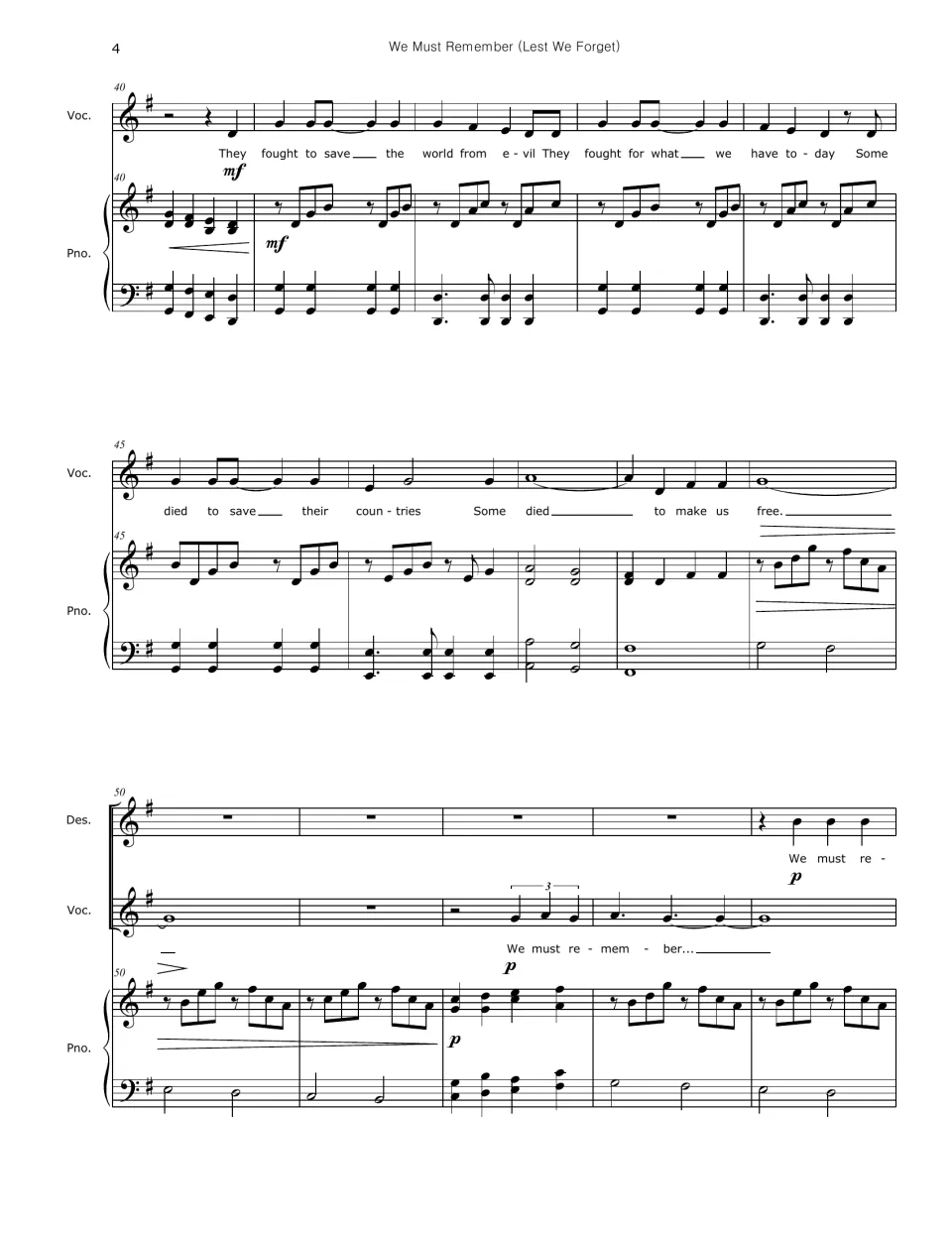 Score bars 40-54: bridge 'They fought to save the world from evil', then the descant line enters softly on 'We must re-'