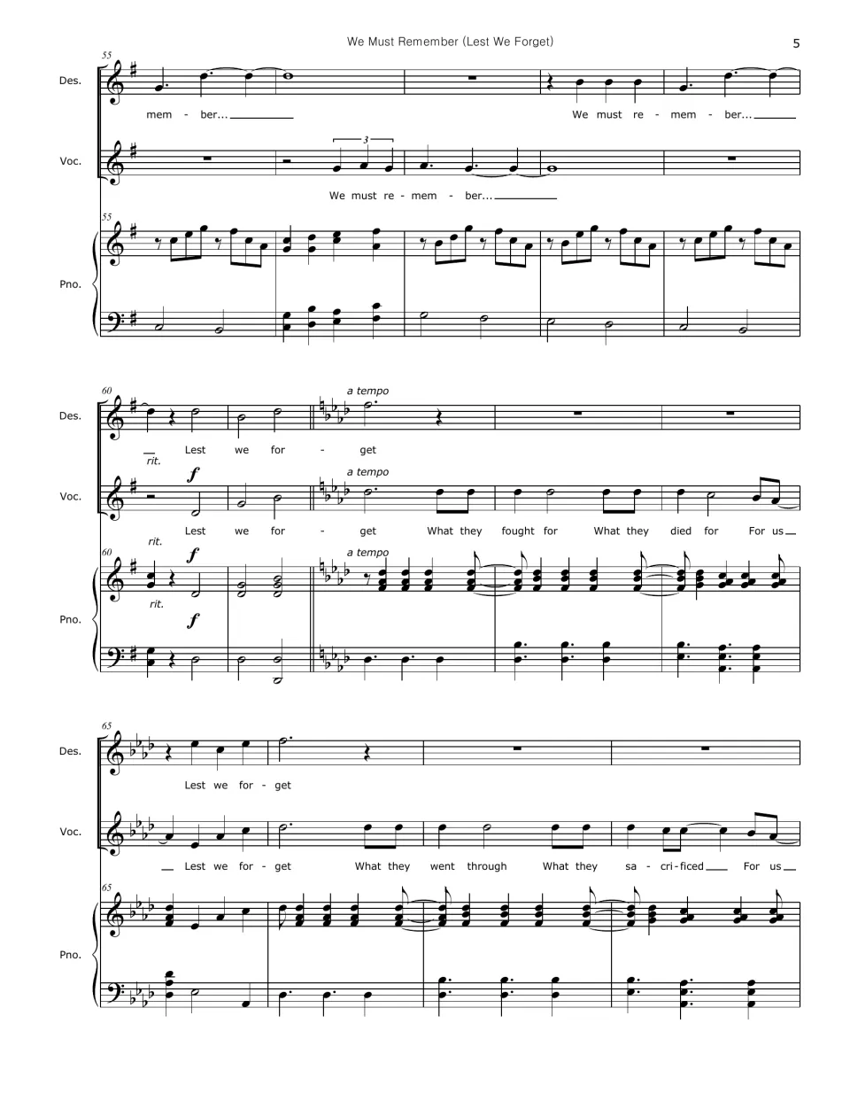 Score bars 55-68: descant and voice echo each other, then a ritardando and key change into four flats for the last chorus