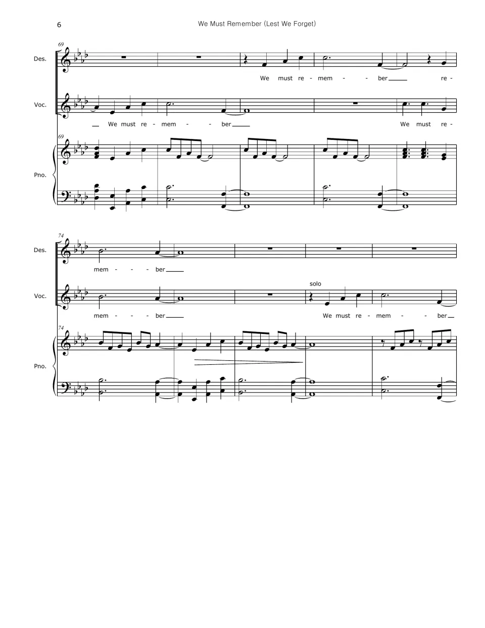 Score bars 69-78 in four flats: descant and voice answer each other, then a solo entrance is marked for the closing phrase