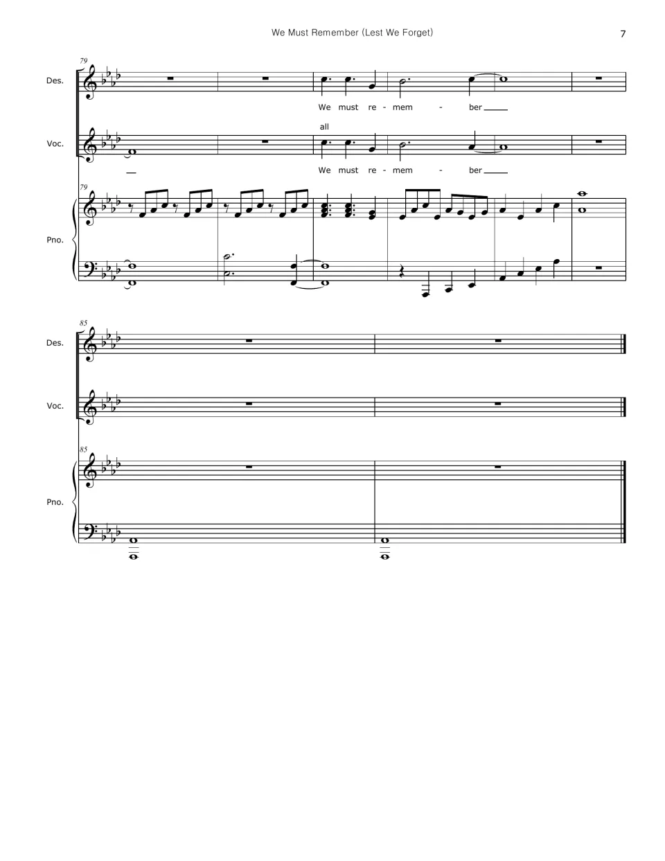 Final score bars 79-86: all singers join for one last 'We must remember' as the piano closes on low held notes