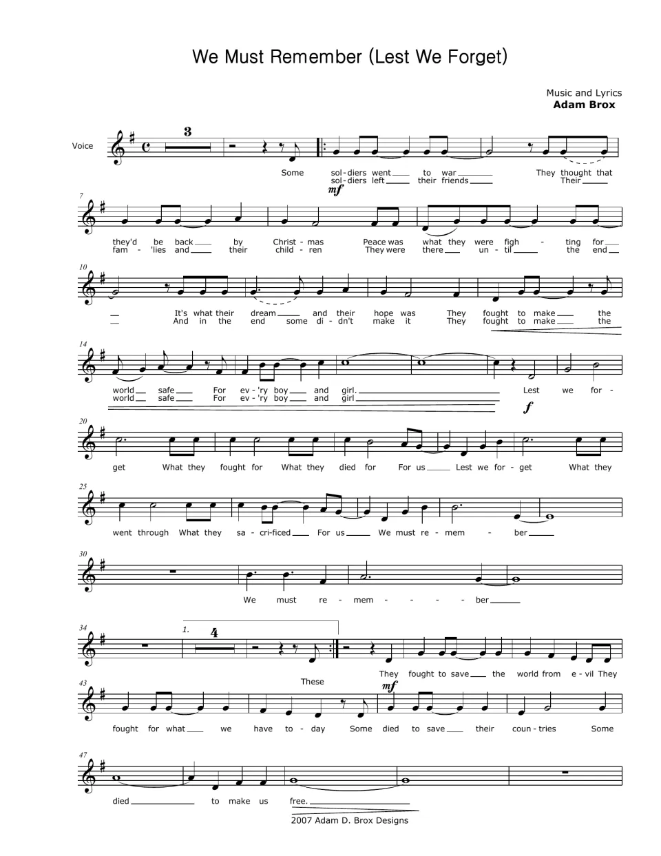Singer's melody-only sheet: voice line with lyrics for both verses, chorus and bridge, without piano part