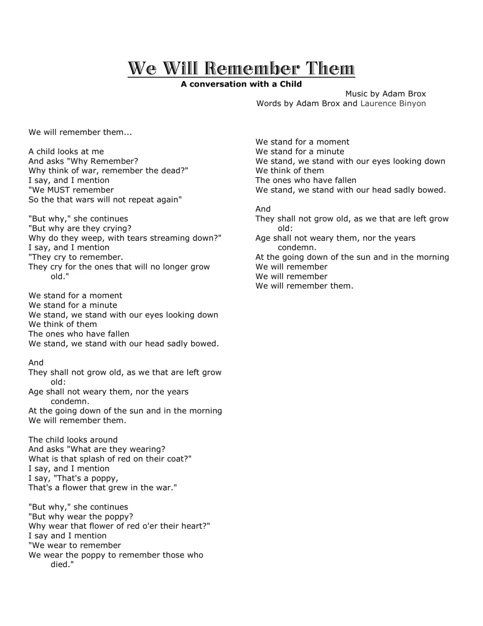 Full song lyrics: a child asks why we remember the war dead and wear poppies, with Binyon's 'They shall not grow old' verse