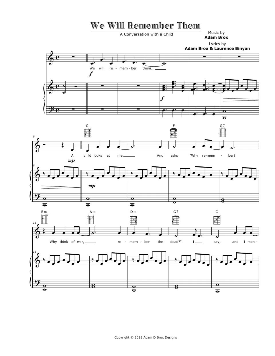 Opening score, bars 1-15: vocal line, piano and C, F, G7 guitar chords for 'A child looks at me and asks Why remember?'