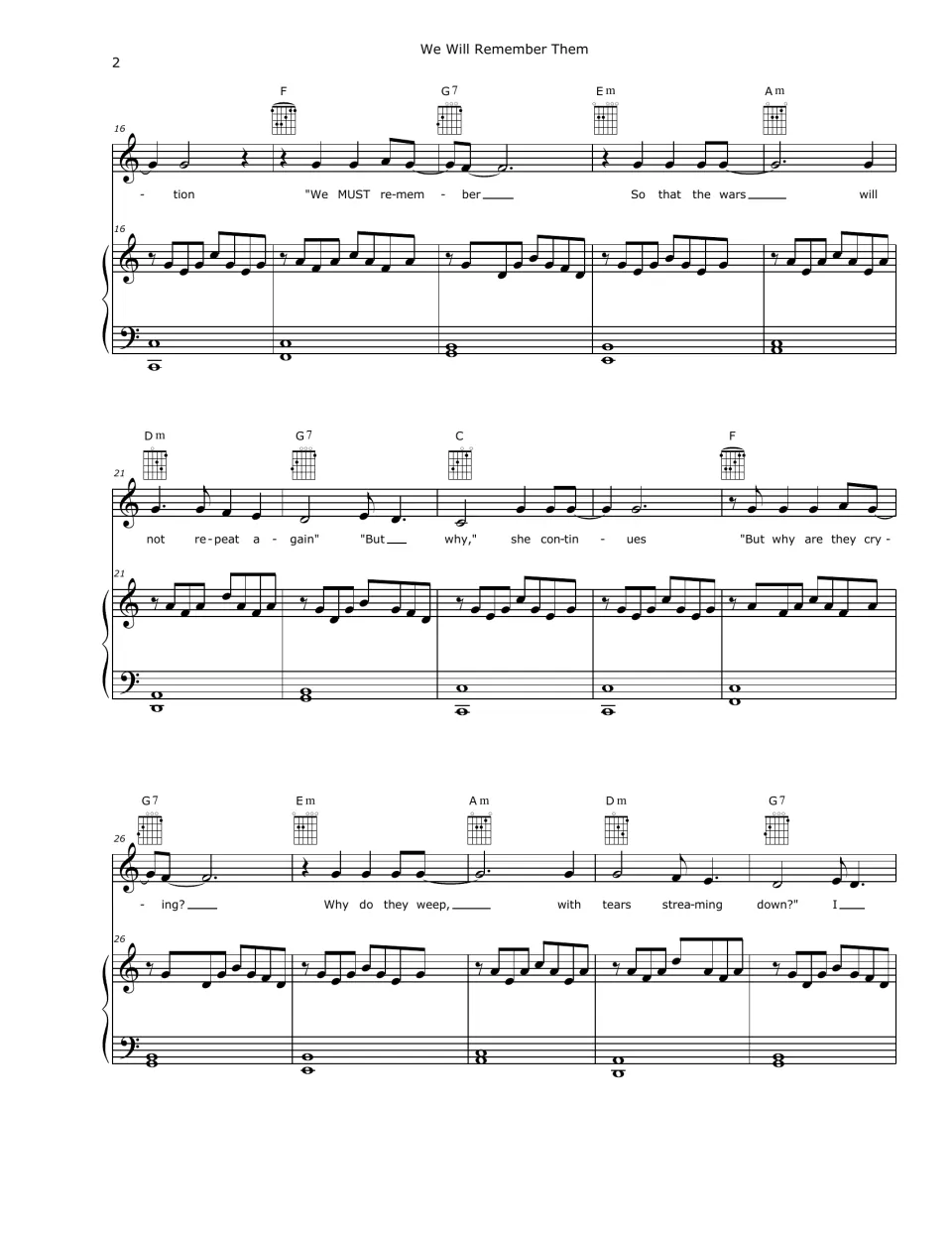 Score bars 16-30, vocal and piano with chords: 'We MUST remember' and 'Why do they weep, with tears streaming down?'