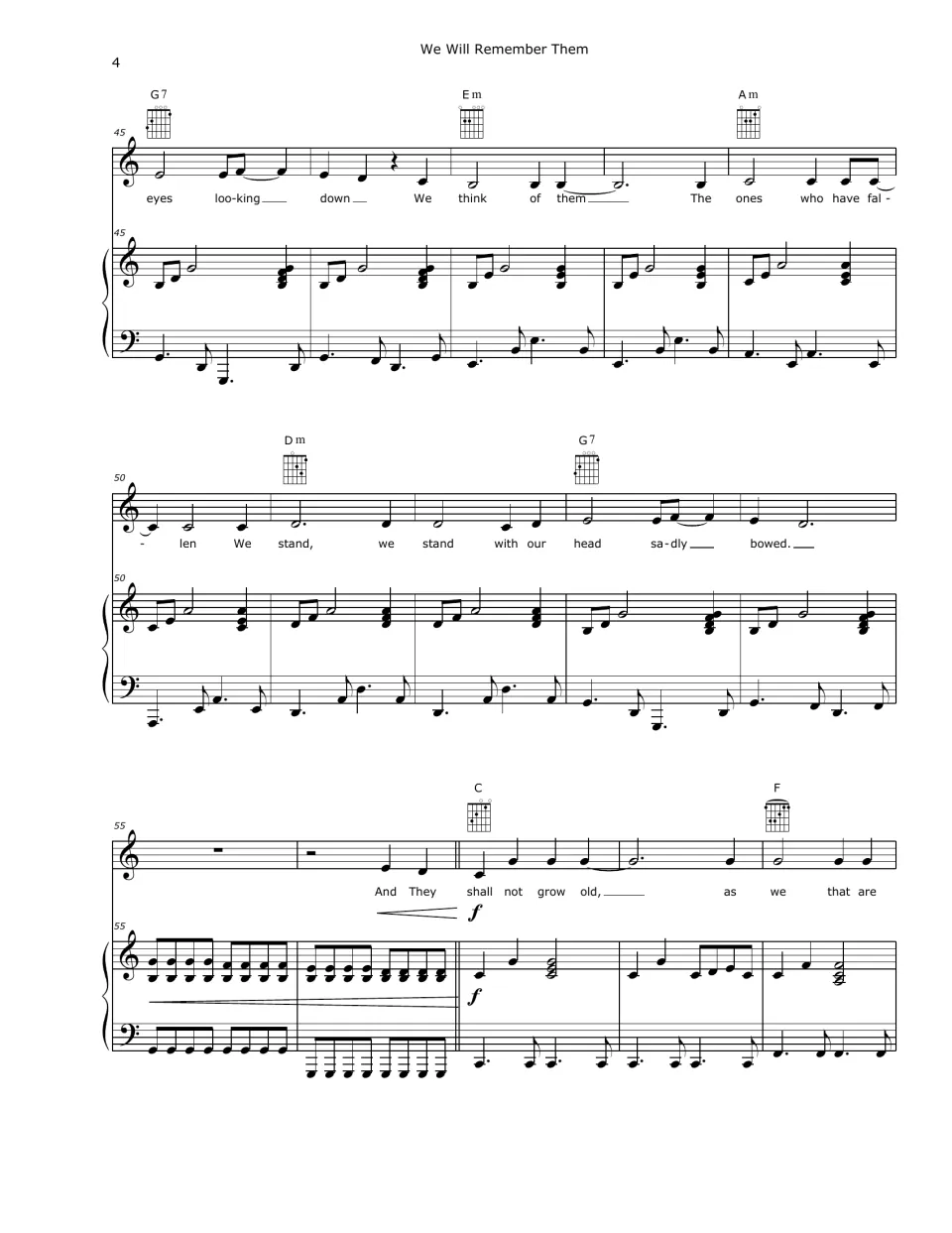 Score bars 45-59: chorus ends 'head sadly bowed', then a crescendo into forte 'They shall not grow old' section