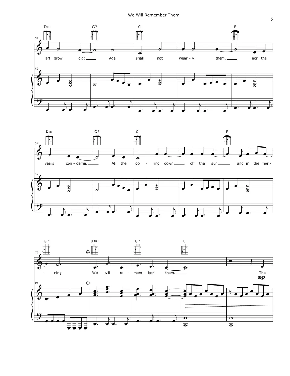 Score bars 60-74: 'Age shall not weary them' through 'At the going down of the sun', ending at the coda sign
