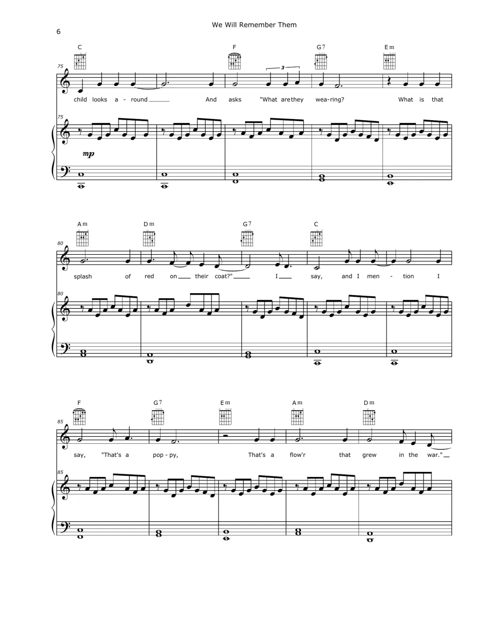 Score bars 75-89 with chords: the child asks 'What is that splash of red on their coat?' and hears 'That's a poppy'