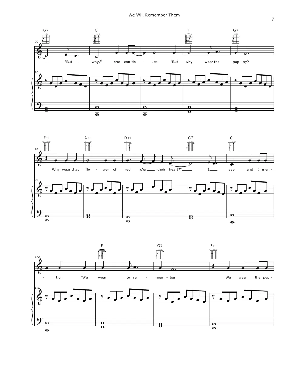Score bars 90-103: 'But why wear the poppy?' and 'We wear to remember', vocal line with piano and guitar chords