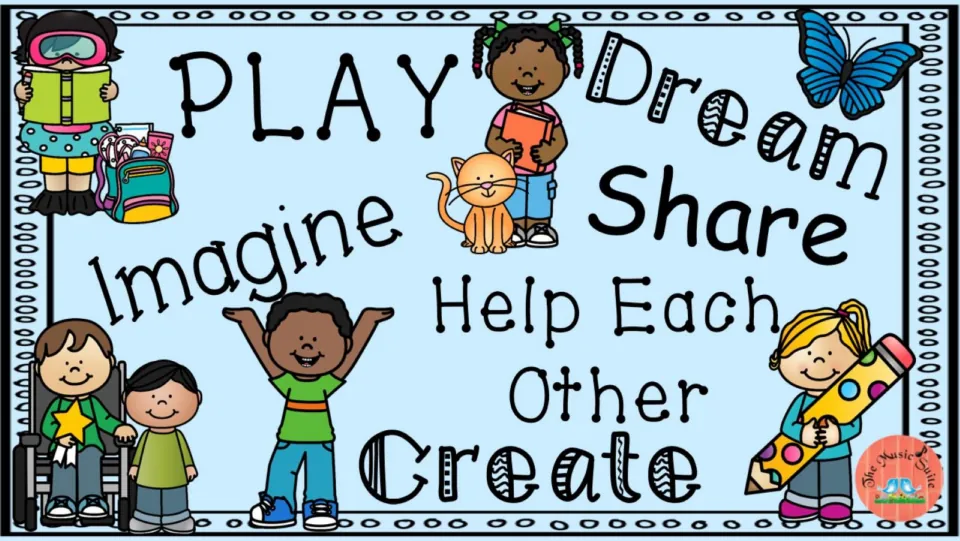 Cover showing the words Play, Dream, Share, Imagine, Help Each Other and Create with cartoon kids, a cat and a butterfly