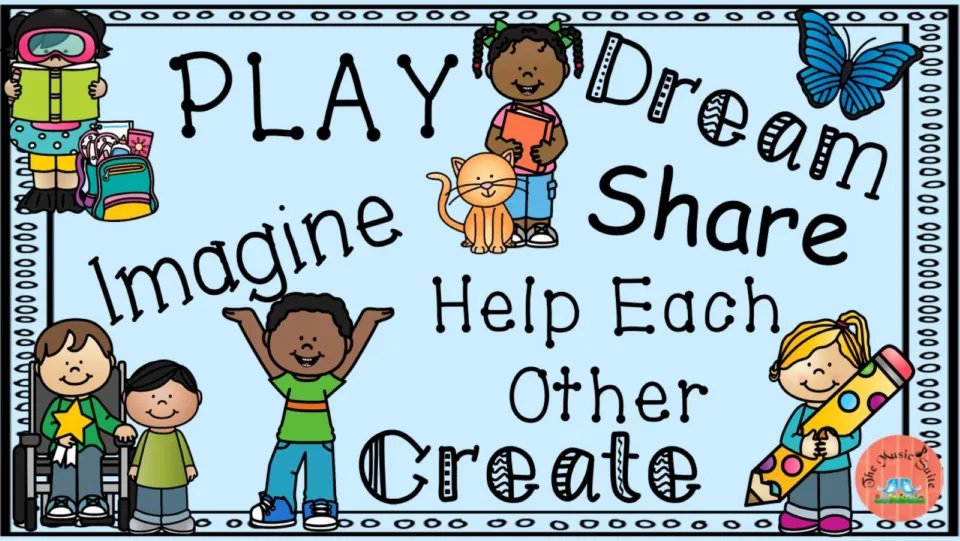 Combined poster of all six words (Play, Dream, Share, Imagine, Help Each Other, Create) with kids, one in a wheelchair