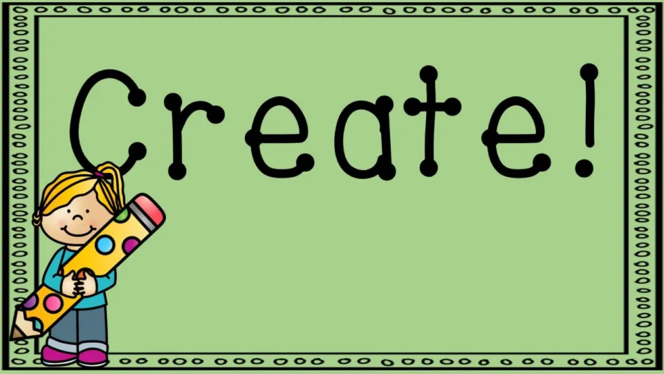 Create! poster in color: the single word Create! on green beside a smiling girl hugging a giant polka-dot pencil