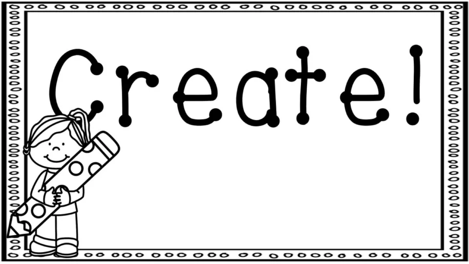 Black-and-white Create! poster in a dotted-letter font with an outline of a girl holding a polka-dot pencil to color in