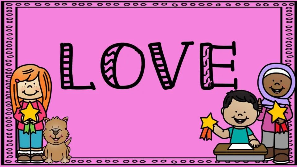 Love poster in color: striped LOVE letters on pink with children holding star ribbons, a puppy and a boy at a desk