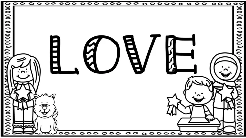 LOVE in patterned letters, black-and-white, with a girl and dog, a boy at a desk and a girl in a hijab holding stars