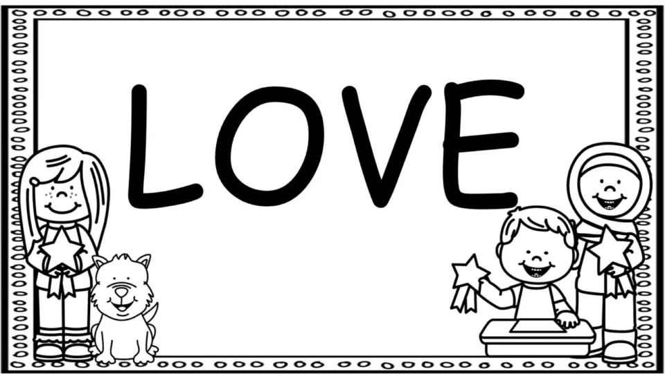 Plain bold LOVE poster without color: solid black letters and outline children holding star ribbons beside a puppy