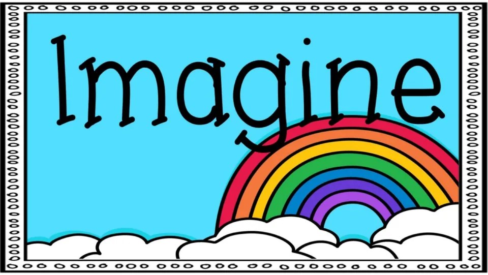Imagine poster in color: the word Imagine on a sky-blue background above a bright rainbow rising from white clouds