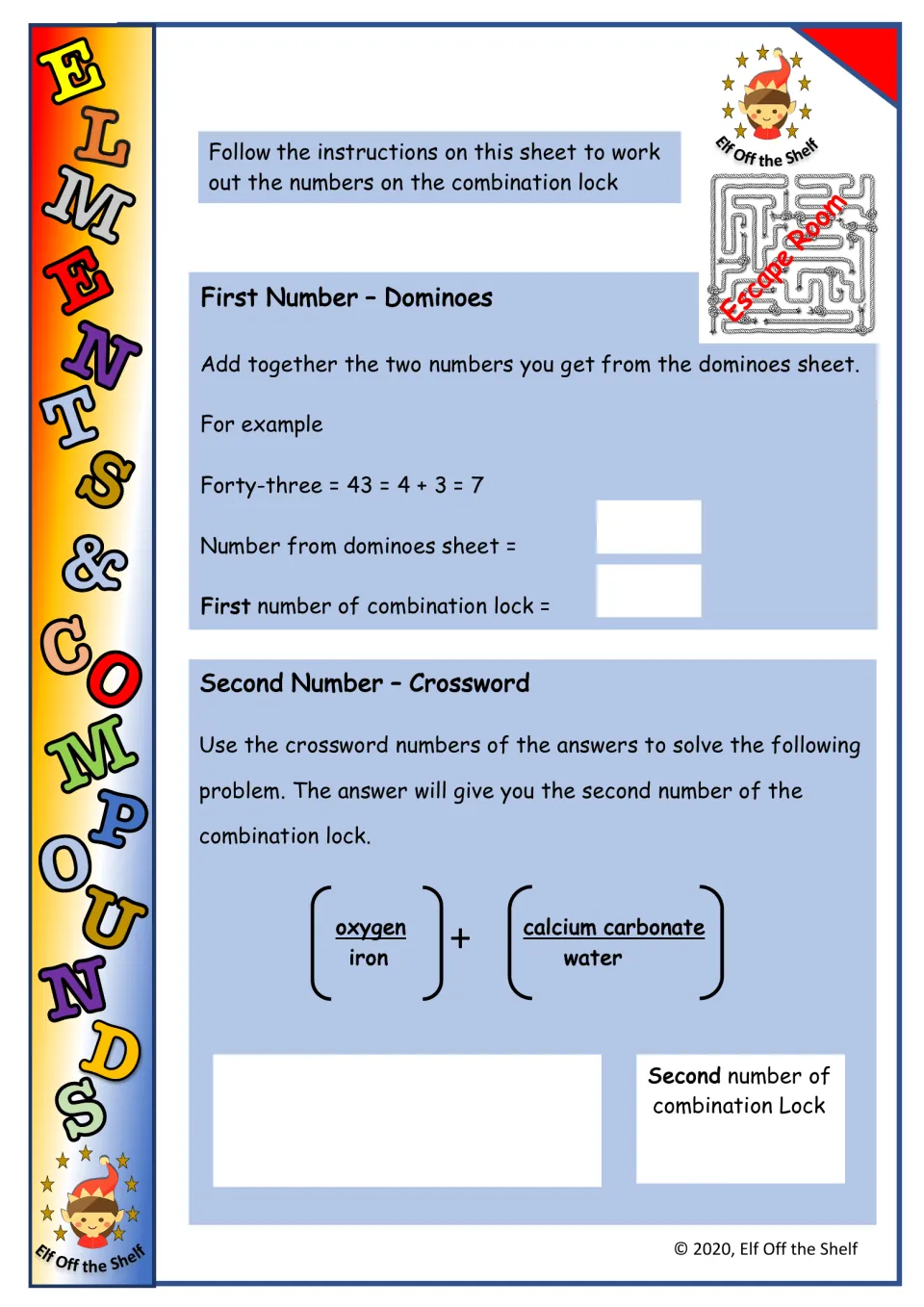 Escape room lock code sheet: students turn domino and crossword answers like oxygen, iron and water into code numbers