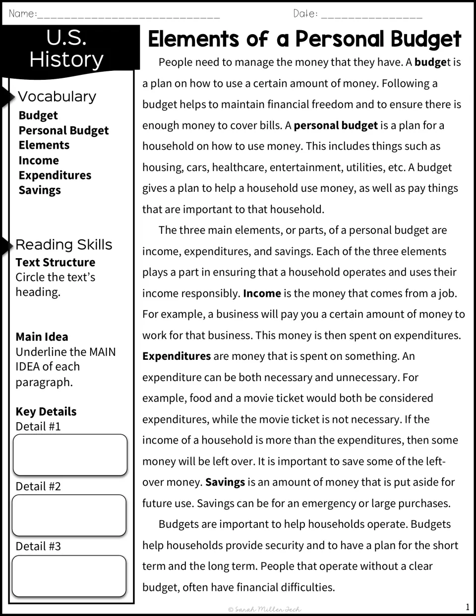 Budget passage on income, expenditures and savings; students circle the heading, underline main ideas, list 3 key details