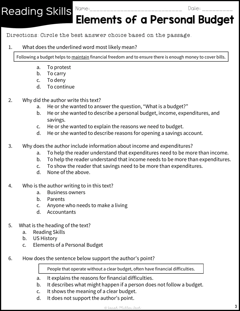 Budget passage comprehension: 6 multiple-choice items on the word maintain, author's purpose, audience and text heading