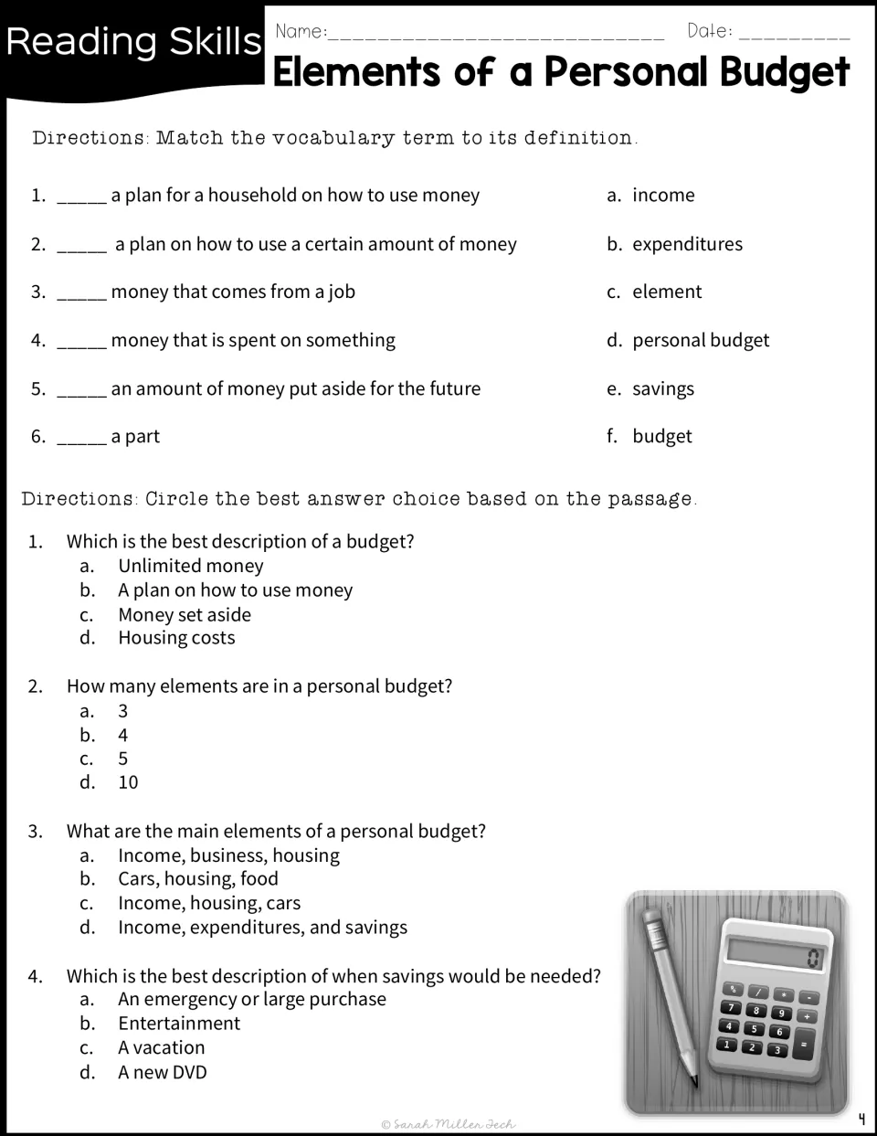 Budget vocabulary: students match 6 terms like income and savings to definitions, then answer 4 multiple-choice questions