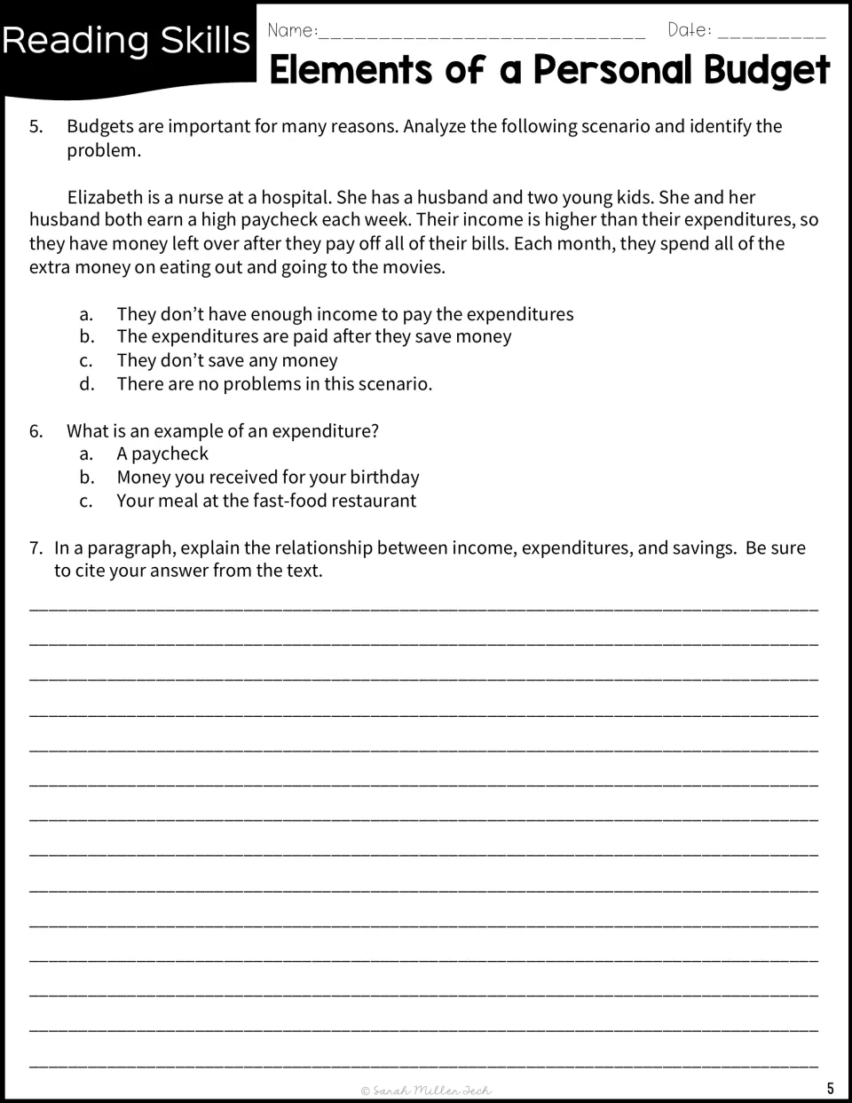 Budget scenario: students find the problem in a family's spending, pick an expenditure and write a paragraph citing text