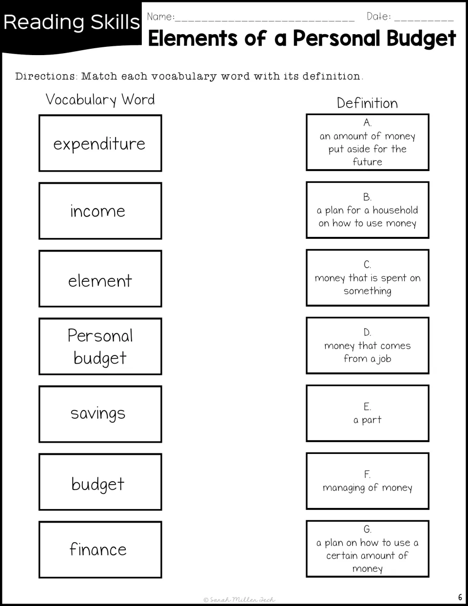 Vocabulary matching: students pair 7 words, including expenditure, element and finance, with definitions labeled A to G