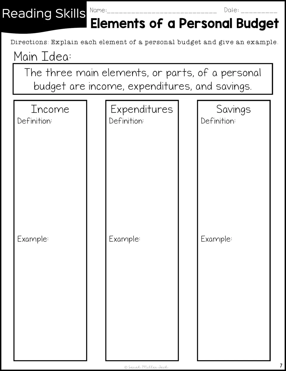 Main idea organizer: students define income, expenditures and savings and give an example of each budget element