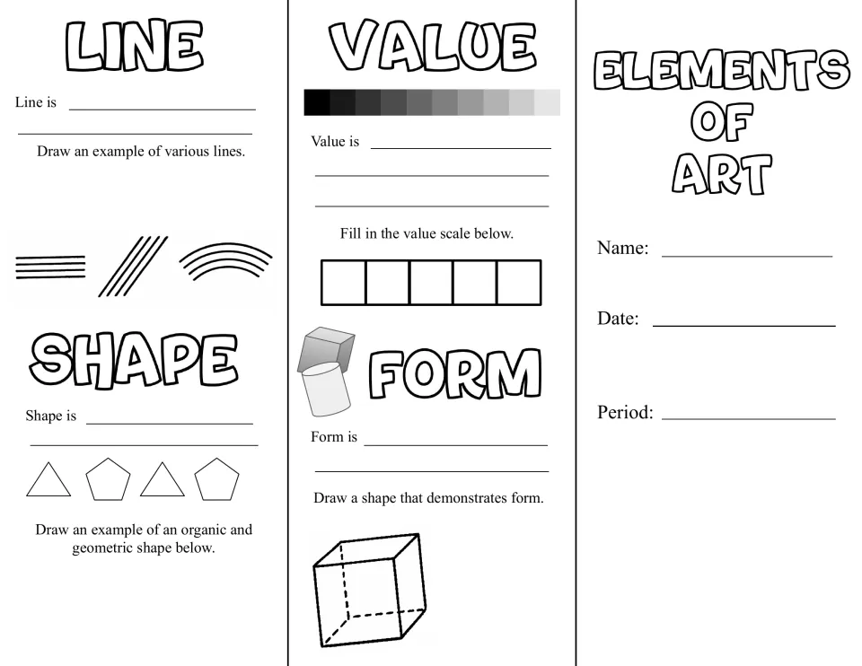 Art brochure first side: cover and prompts to define and illustrate line, shape, value, and form