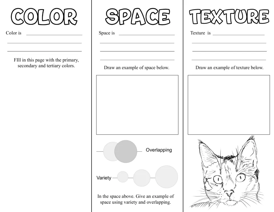 Art brochure second side: color, space, and texture prompts, including overlapping and variety examples