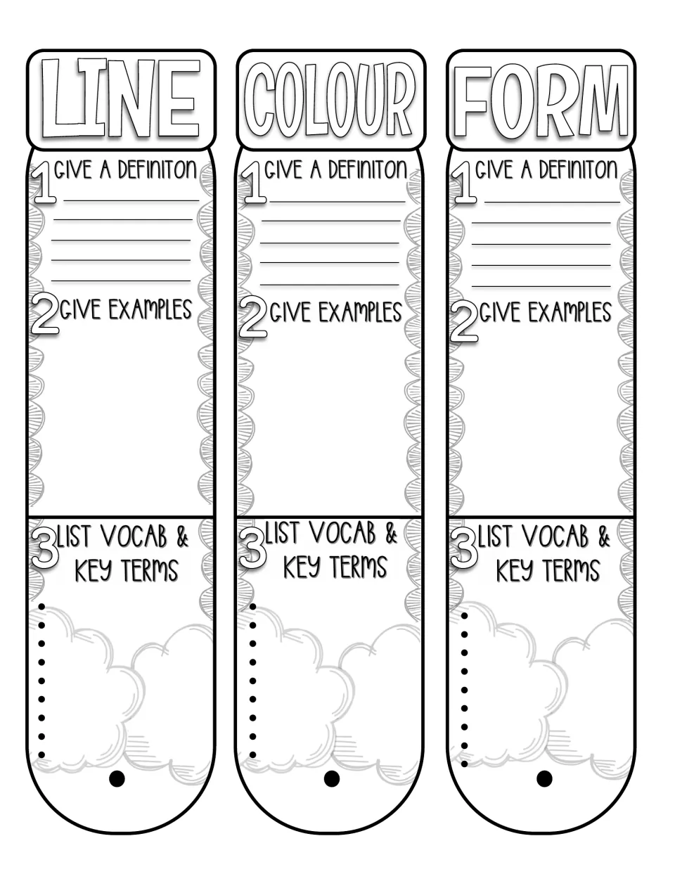 Fan book pieces 1–3: line, color, and form, each asking for a definition, examples, and key vocabulary.