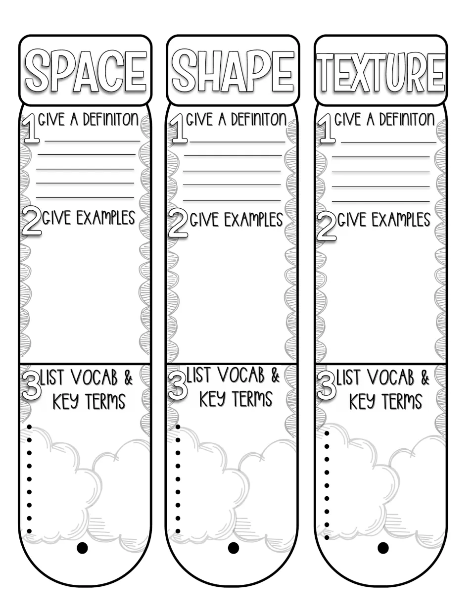 Fan book pieces 4–6: space, shape, and texture, with prompts for definitions, examples, and key vocabulary.