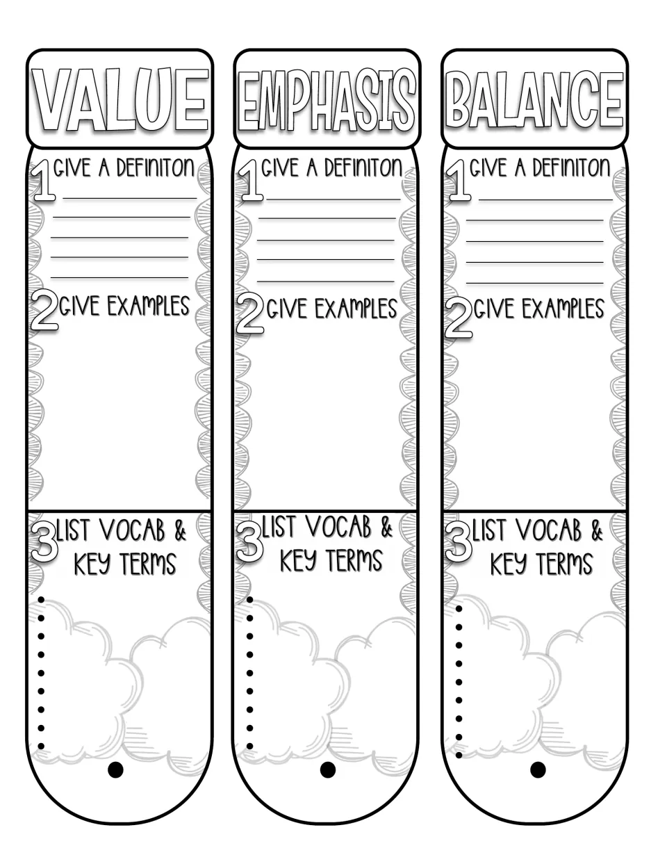 Fan book pieces 7–9: value, emphasis, and balance, asking for definitions, examples, and key vocabulary.