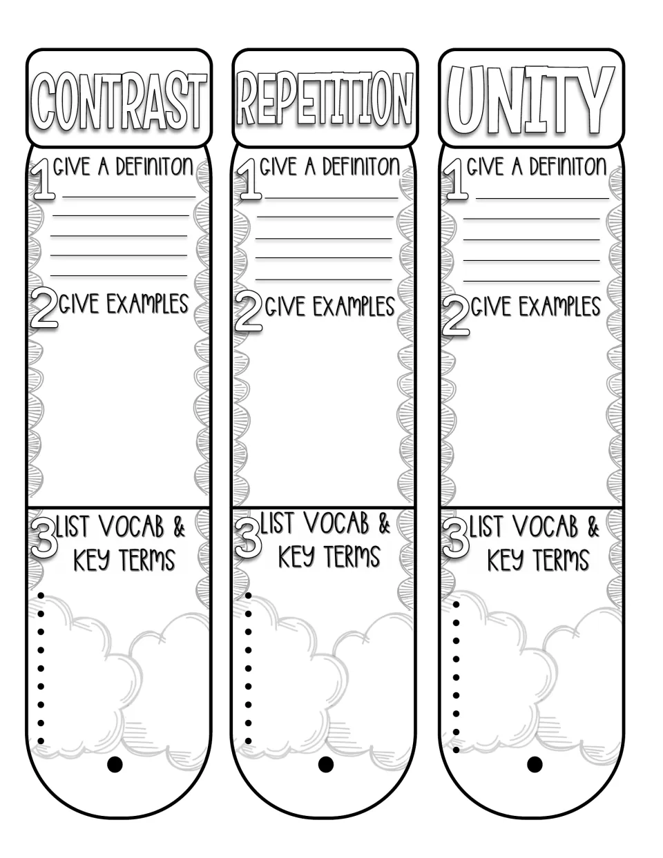 Fan book pieces 10–12: contrast, repetition, and unity, with definition, example, and vocabulary prompts.
