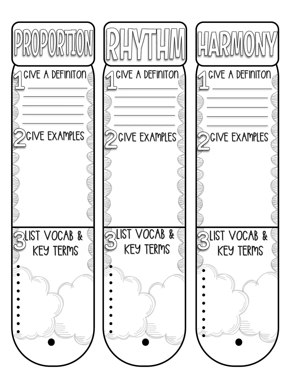 Fan book pieces 13–15: proportion, rhythm, and harmony, with definition, example, and vocabulary prompts.