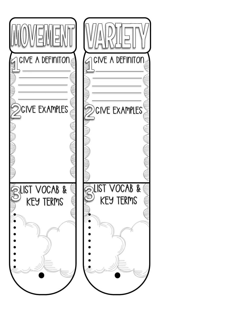 Fan book pieces 16–17: movement and variety, asking for definitions, examples, and key vocabulary.