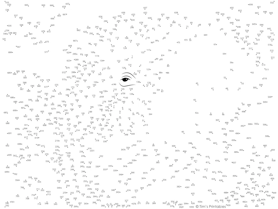 Elephant dot-to-dot activity with 714 numbered dots to connect and a preprinted eye to guide the picture.