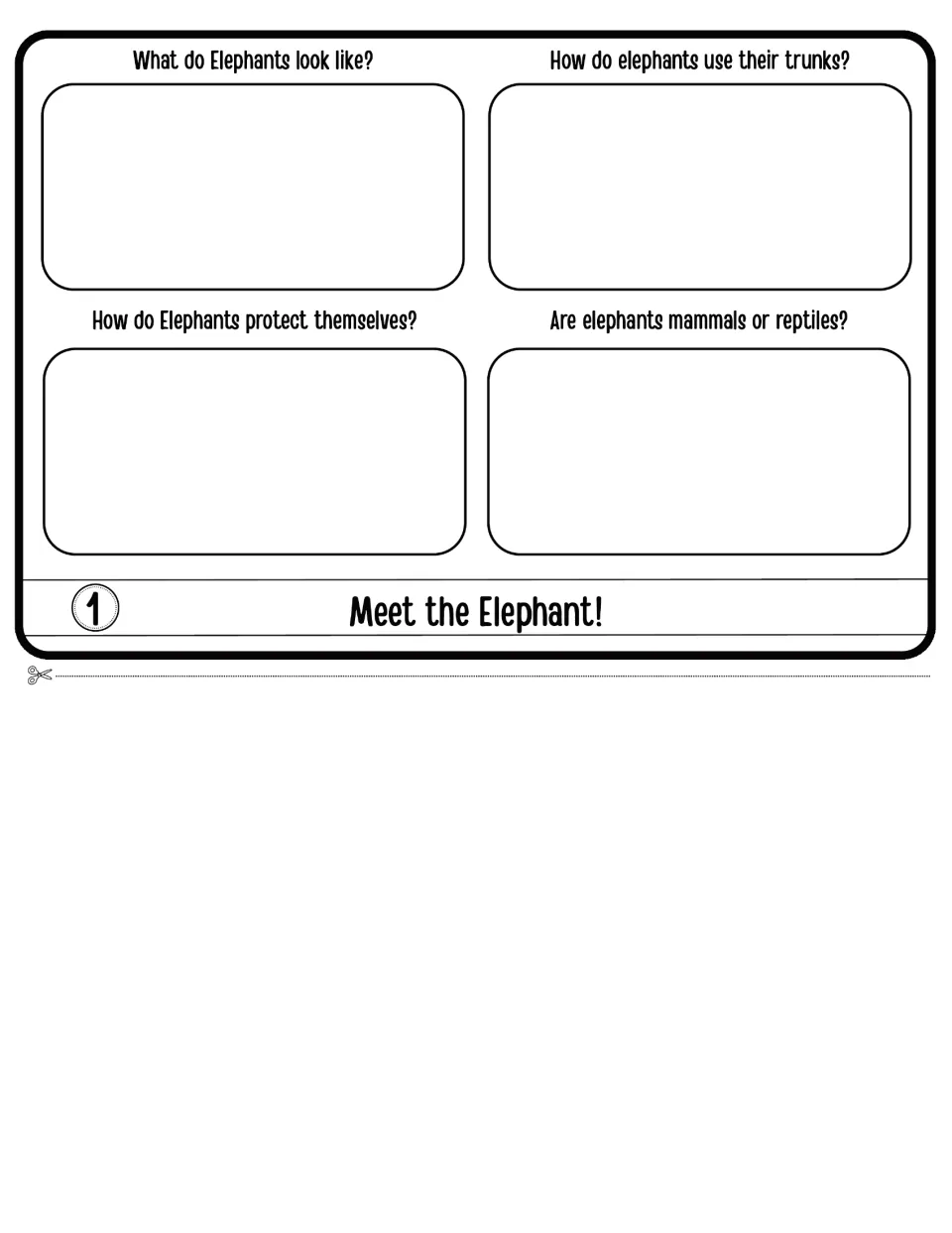 Meet the Elephant flap 1: students answer how elephants look, use trunks, protect themselves and if they are mammals