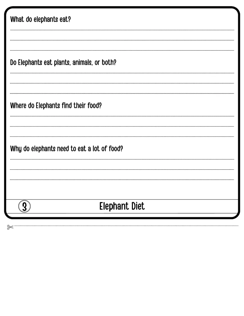 Elephant Diet flap 3: students write what elephants eat, plants or animals, where they find food and why they eat so much