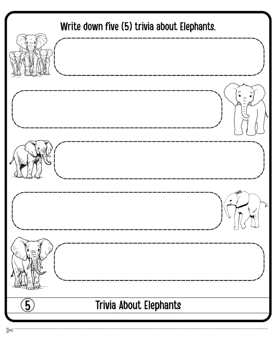 Trivia About Elephants flap 5: students write five elephant facts, one beside each of five elephant drawings