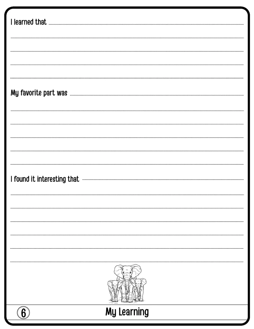 My Learning flap 6: students reflect by finishing I learned that, My favorite part was and I found it interesting that
