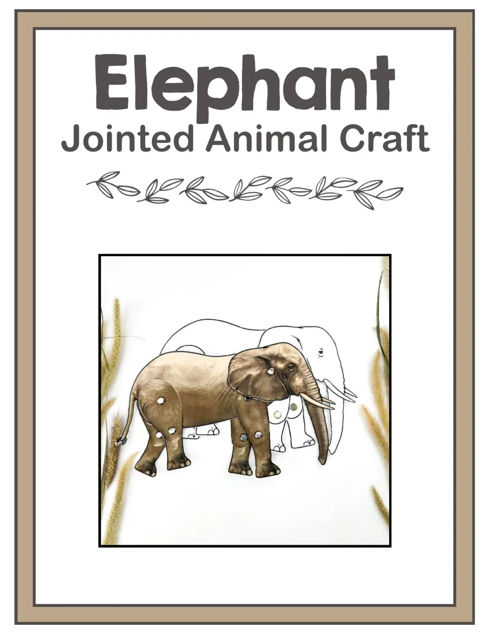 Elephant Jointed Animal Craft cover showing a finished brown elephant with brad joints beside an uncolored outline version