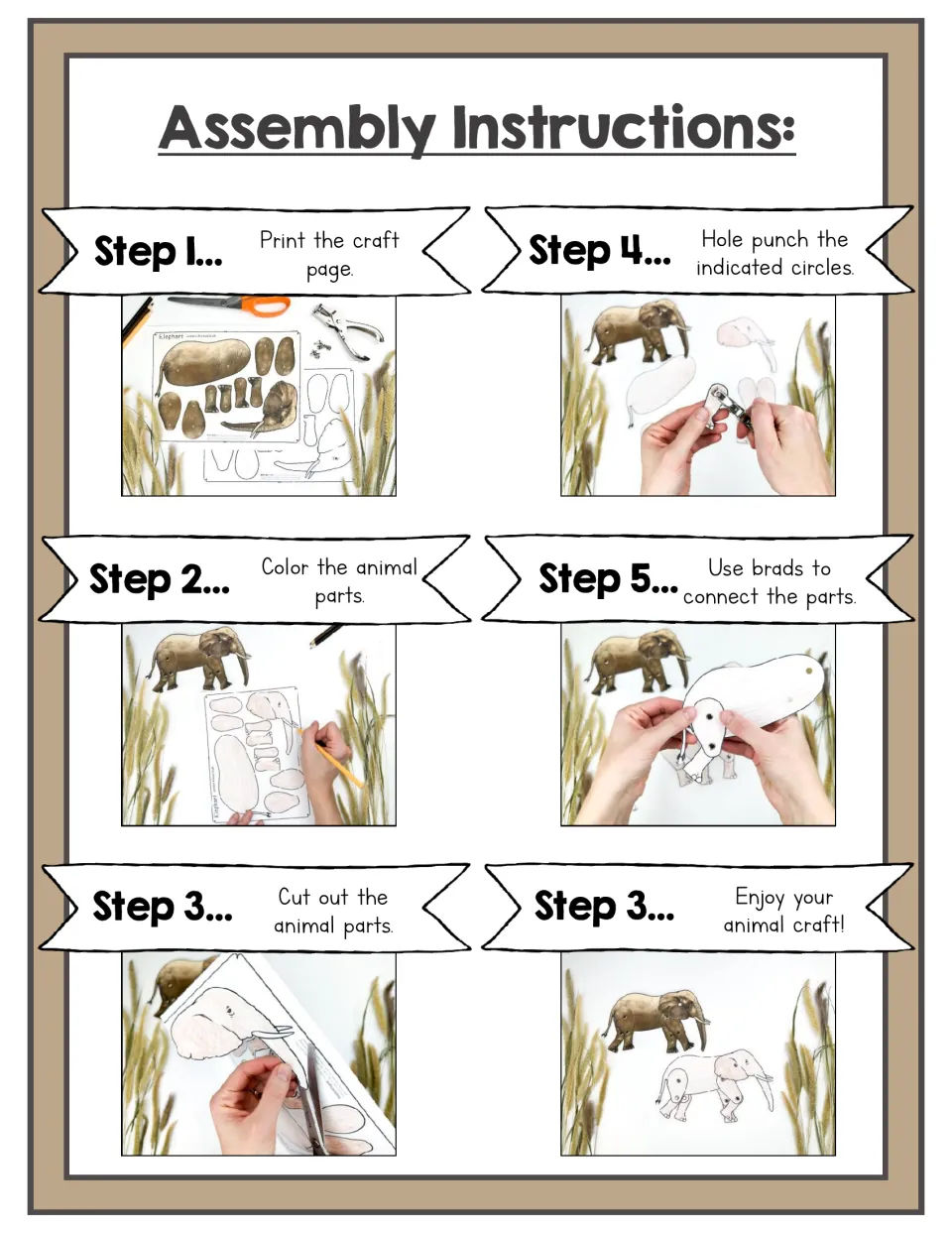 Assembly instructions in six photo steps: print, color and cut out the elephant parts, hole punch circles, join with brads
