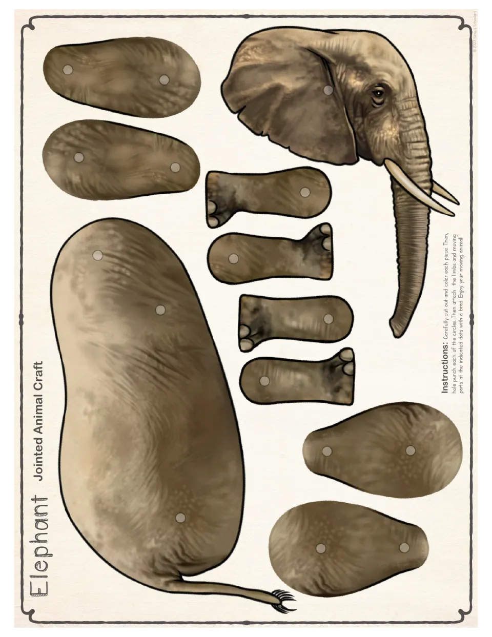 Full-color elephant cut-out pieces: head with trunk, body with tail, four legs and four leg tops, each marked with brad dots